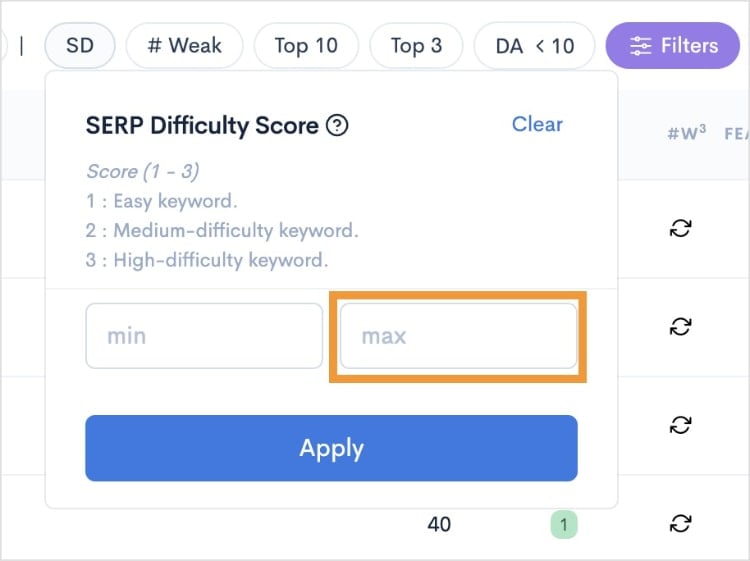 Max box in the SERP Difficulty Score filter settings.
