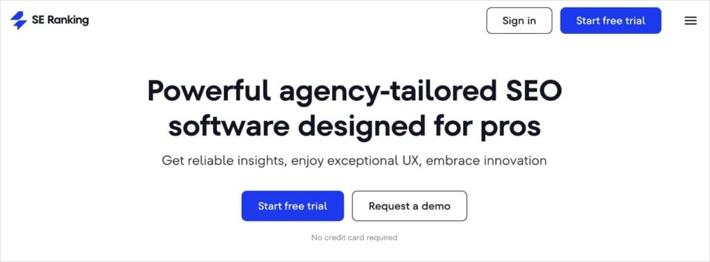 SE Ranking homepage, a popular SEO SaaS tool.