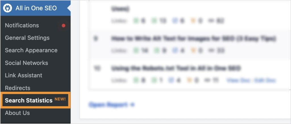 AIOSEO search statistics in WordPress.