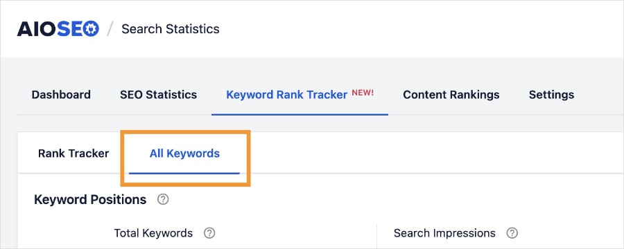 All keywords tab in the AIOSEO Rank Tracker.