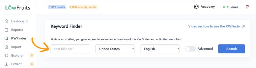 Seed keyword search in LowFruits.
