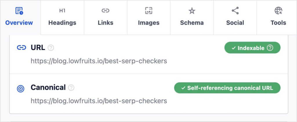 A self-referencing canonical URL for a LowFruits blog.