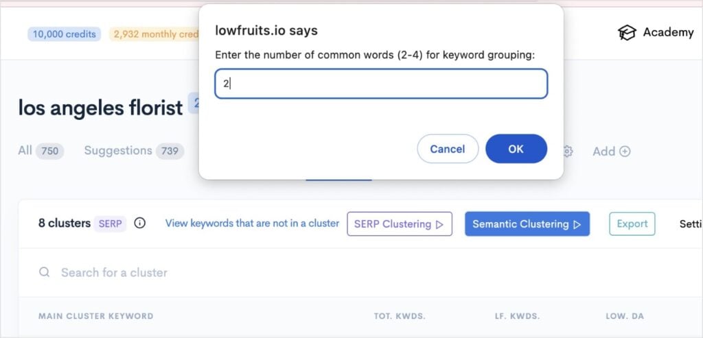 Semantic keyword grouping settings.