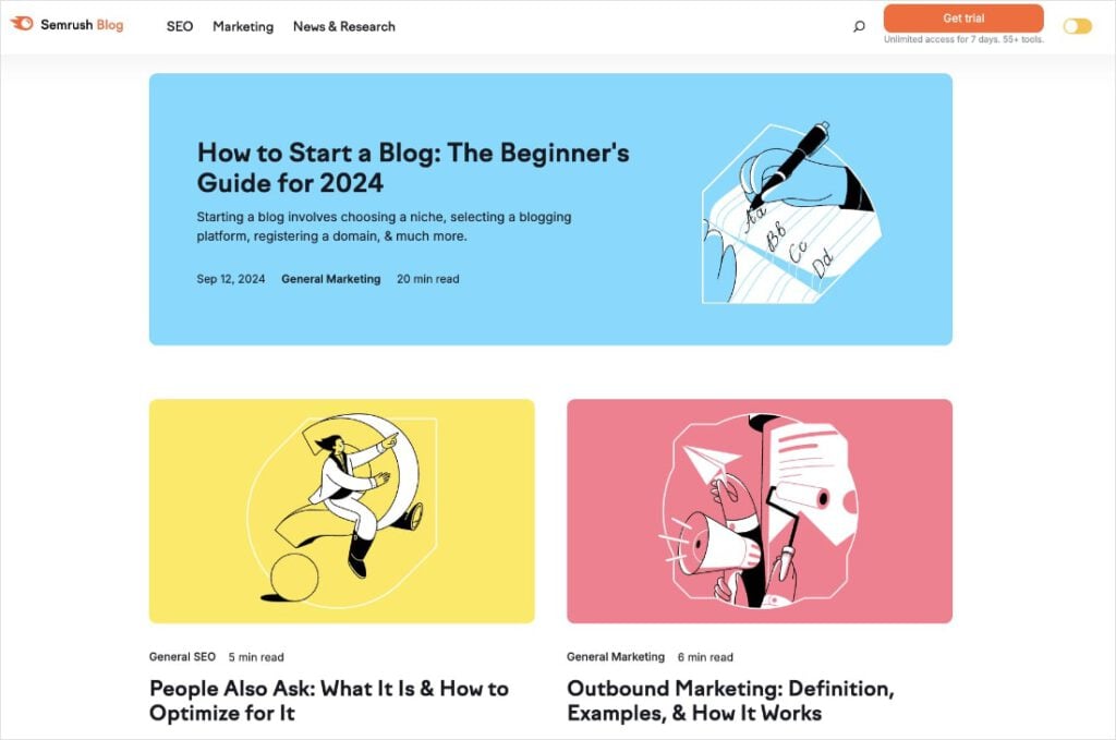Semrush blog with three articles about SEO.