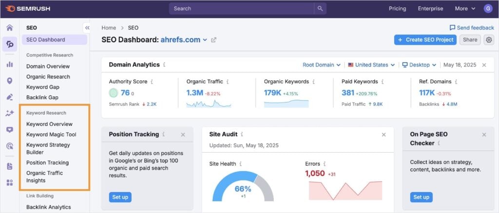 Semrush dashboard with keyword research menu.
