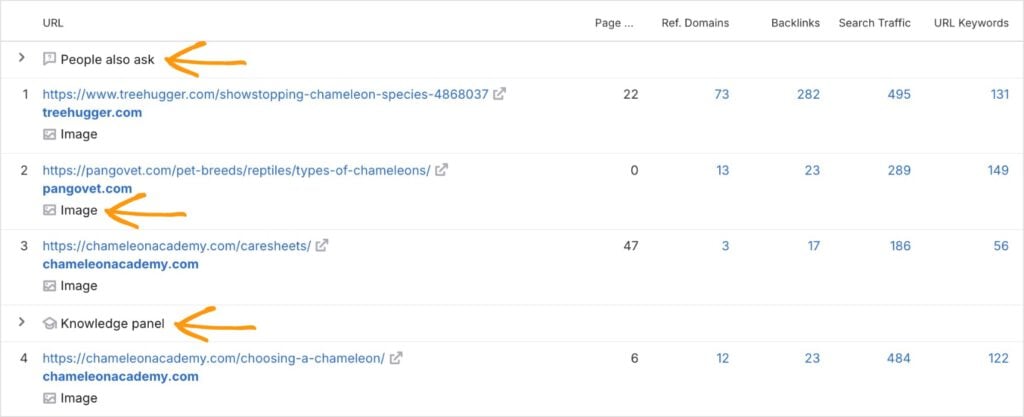 Semrush SERP rankings with SERP features.