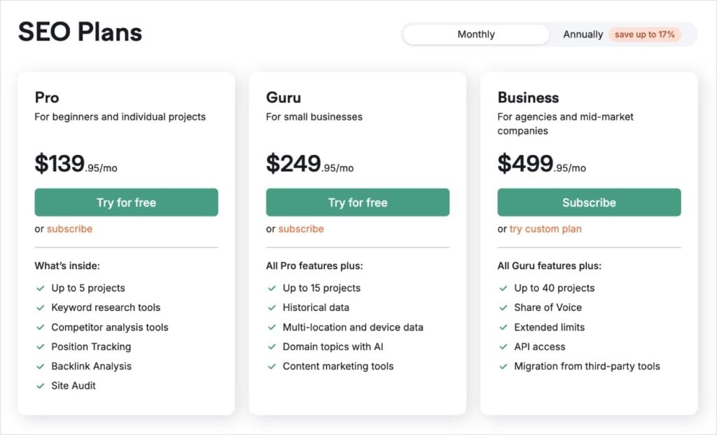 Semrush pricing for various SEO plans.