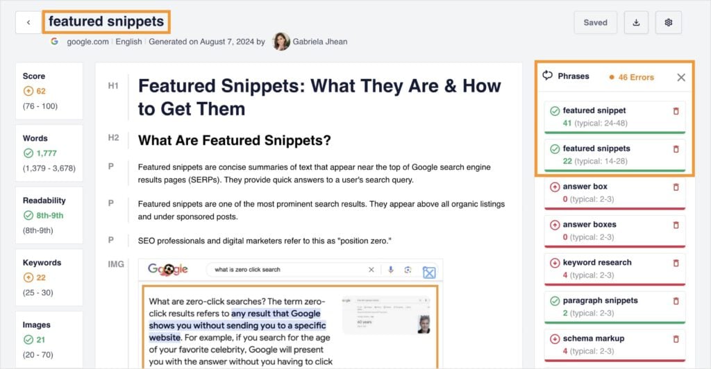 SEOBoost content optimization tool shows focus keyword usage.