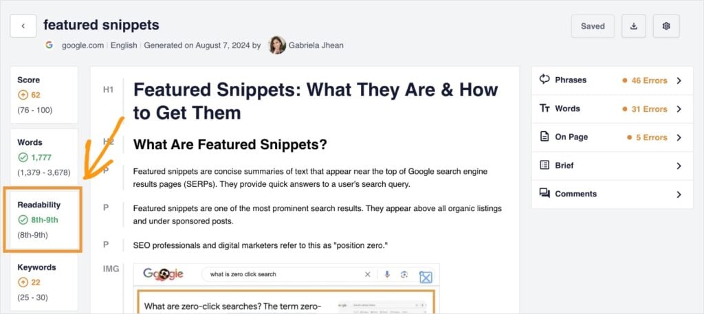 SEOBoost shows a readability score of 8th to 9th grade.