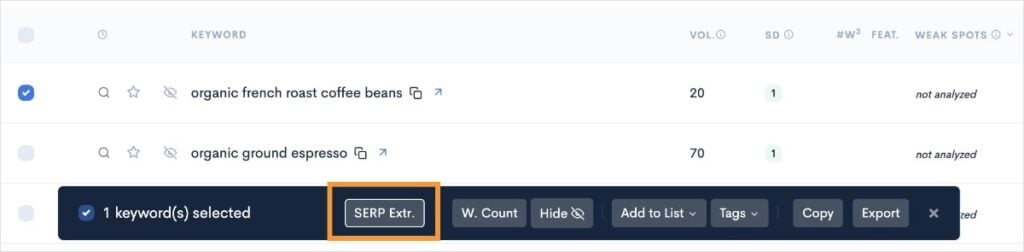SERP Extract button will allow you get SERP data for specific keywords.