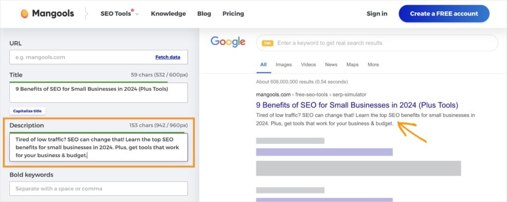 Meta title and meta description in the Mangool SERP Simulator shows a search snippet preview.