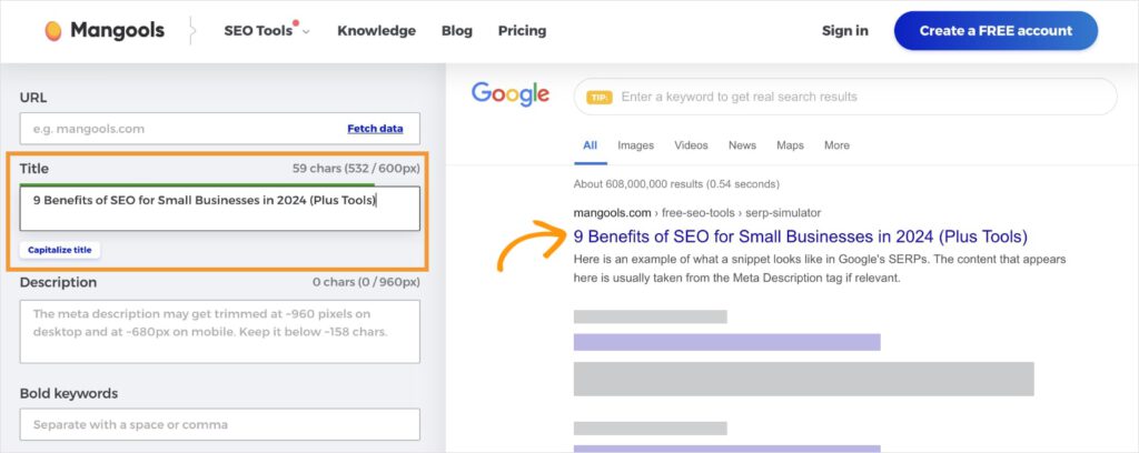 Title tag in the Mangools SERP simulator tool.