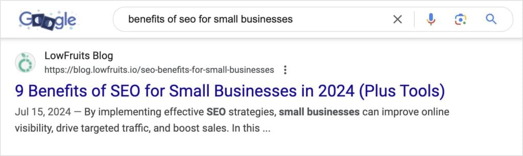Google SERP snippet for a blog about the benefits of SEO for small businesses.