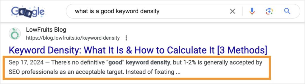 Example of Google rewriting a meta description in search results.