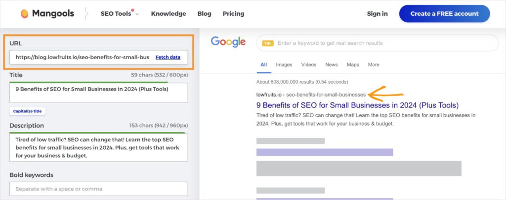 URL in the Mangools SERP preview tool.