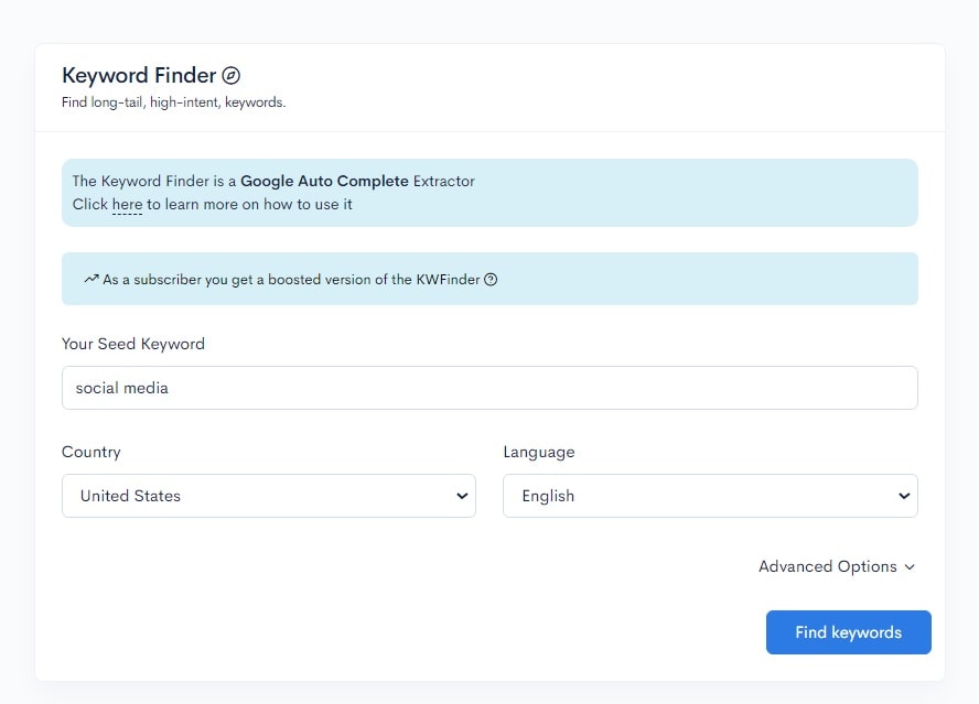 A screenshot of the keyword finder page, highlighting LowFruits and Easy Keywords.