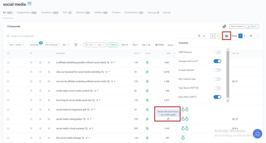 A screenshot of the adwords dashboard showcasing easy keywords.