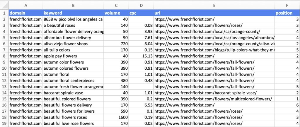 Spreadsheet of competitor keywords.