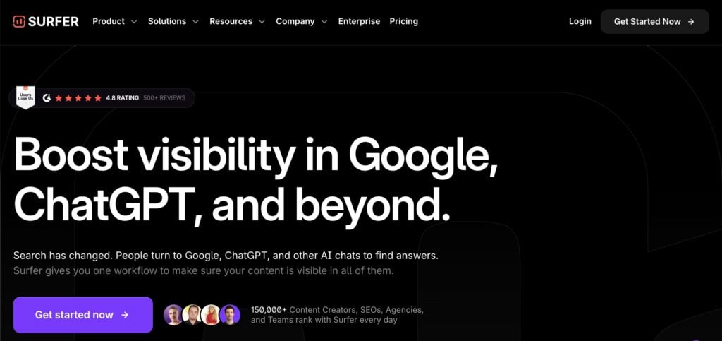 Surfer homepage, an AI SEO tool.