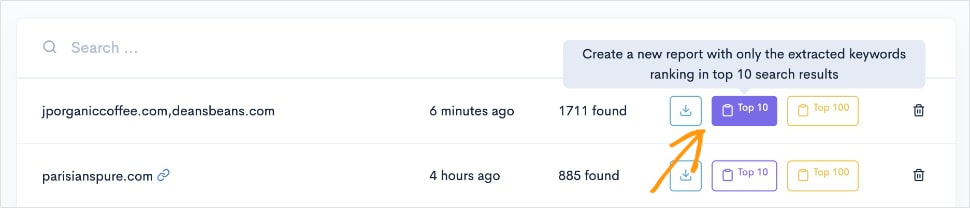 Button to create a new report with competitor keywords ranking in the top 10 search results.