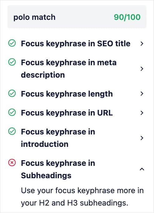 AIOSEO TruSEO focus keyphrase checklist with a score of 90 out of 100.