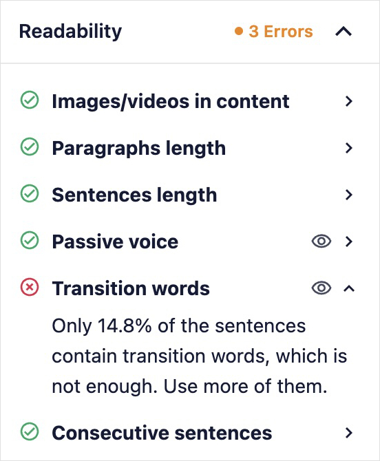 TruSEO Readability Checklist gives content recommendations to improve readability score.