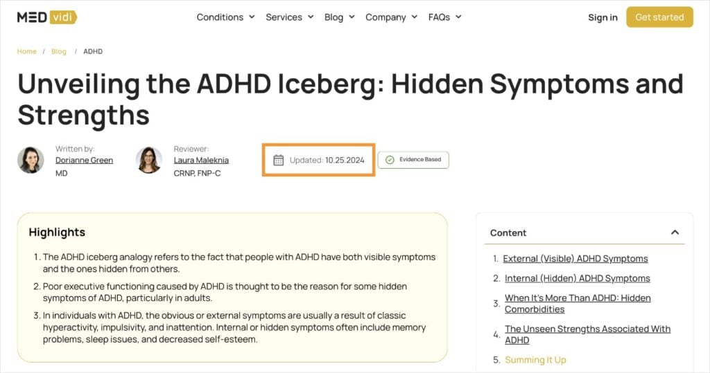 A YMYL website shows an updated date at the top of an article.