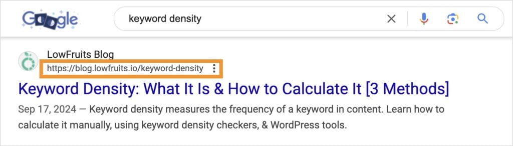Google search result shows the URL for an article about keyword density.