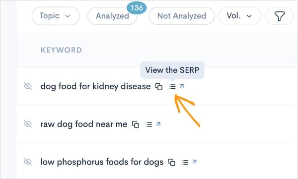 View the SERP button next to a dog food keyword.
