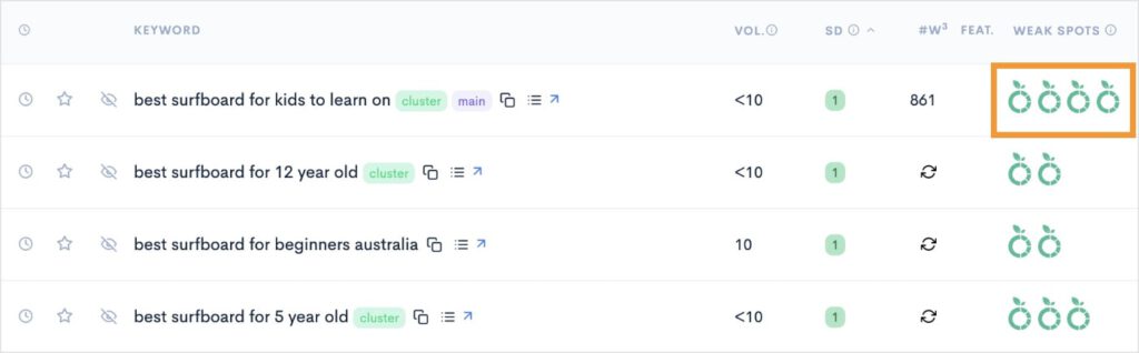 Surfboard-related keywords with multiple weak spots on the SERP.