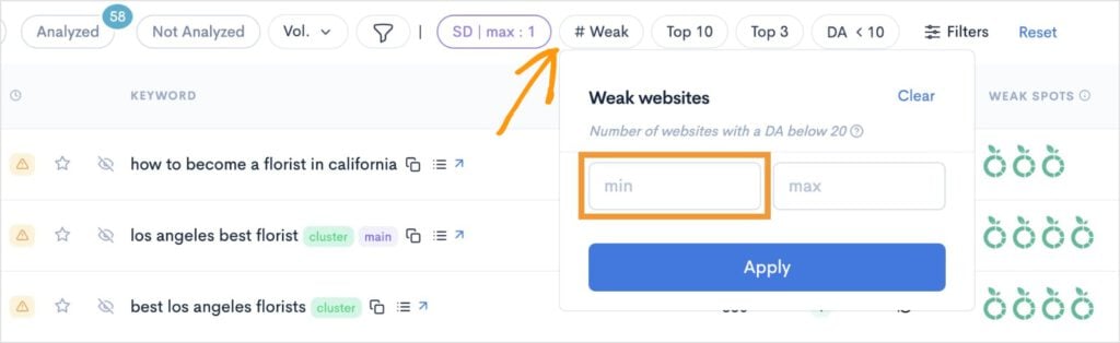 Weak Spots filter in the LowFruits KWFinder.