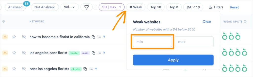 Weak Spots filter settings in LowFruits.