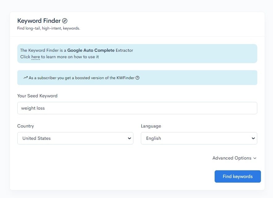 A screenshot of the keyword finder page displaying easy keywords for different niches.