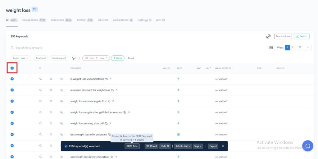 A screenshot of a page with a button on it, displaying easy keywords.