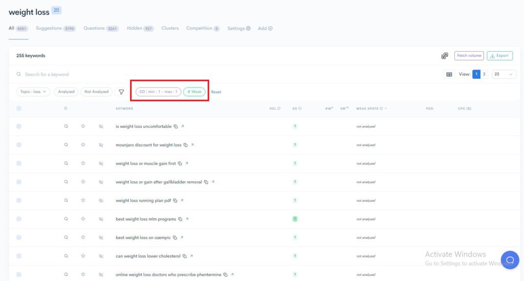 A screenshot of the landing page for finding easy keywords in different niches.