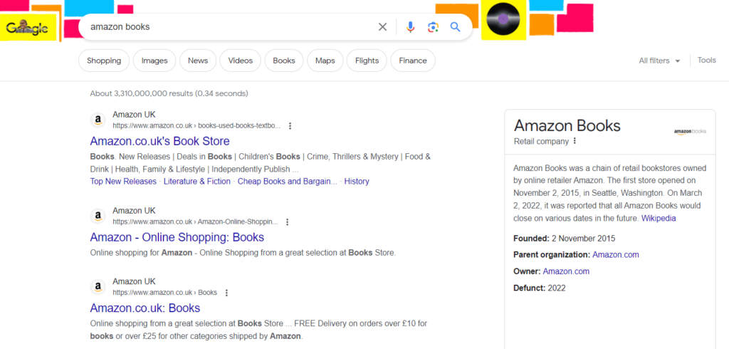 A screen shot of the Amazon books search page featuring keyword search intent.