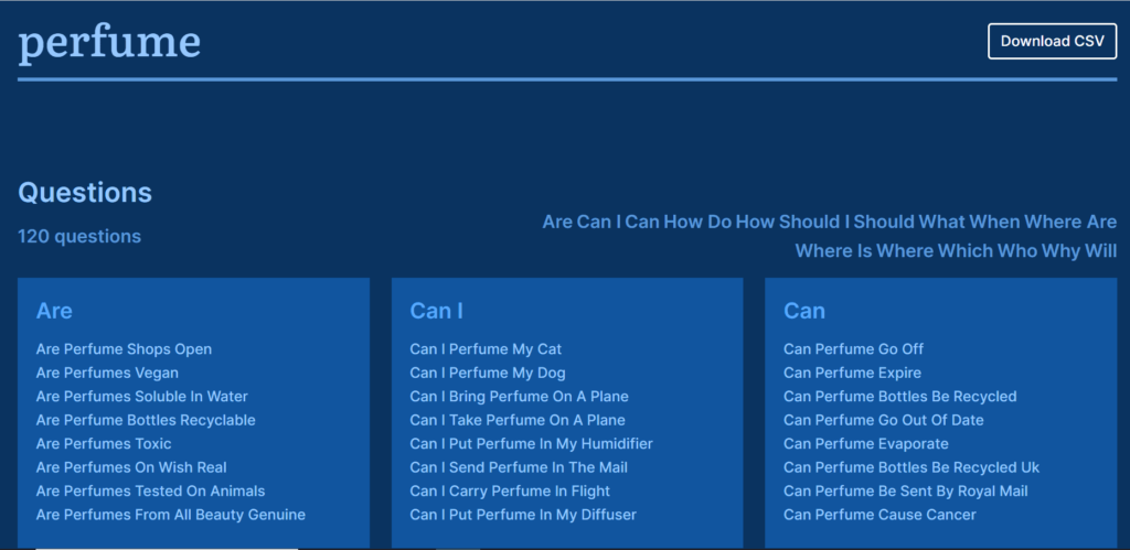 A screenshot of the perfume quiz.