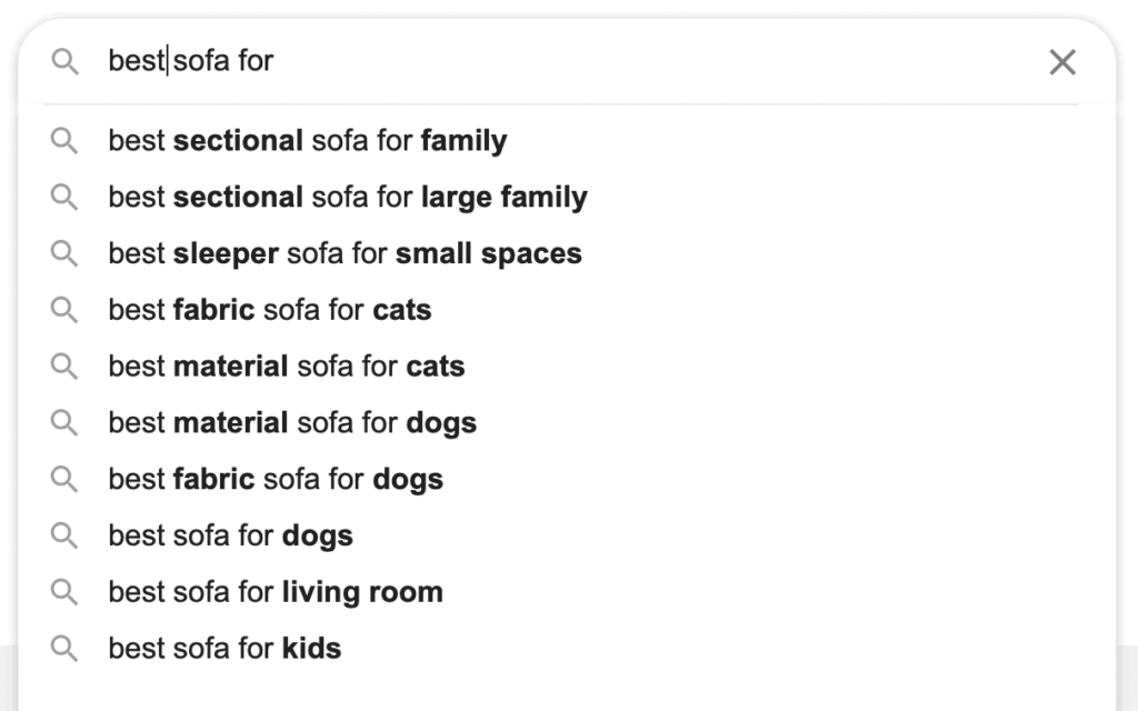 A google search for the best places to buy a couch.