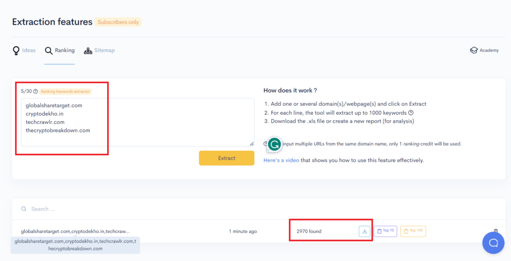A screenshot of a google search page with the highlighted search box. Keywords: SEO, LowFruits Domain Explorer