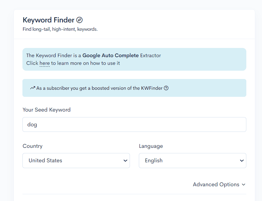 A screenshot of the Google AdWords keyword finder for finding easy keywords in different niches like air fryer, pets, and travel.