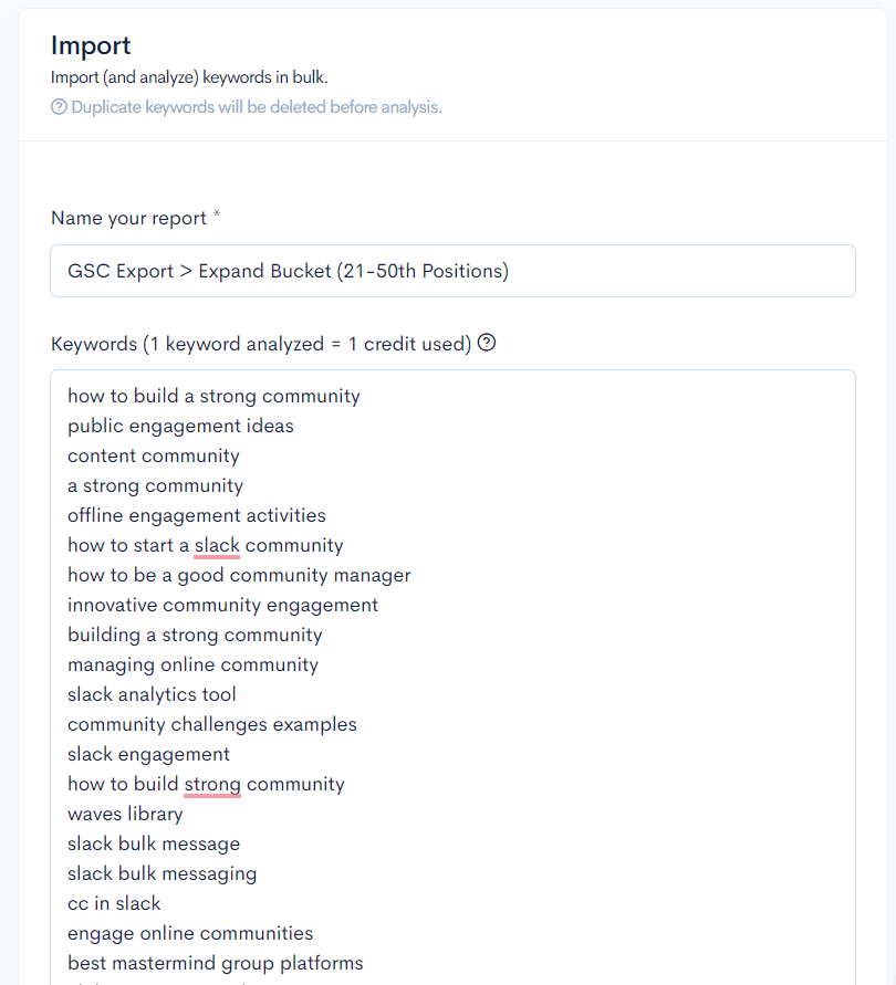 A screenshot of a Google search page displaying a list of keywords from Google Search Console (GSC).