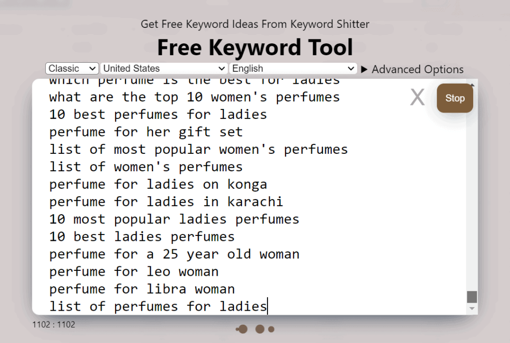A screenshot of the free keyword tool.