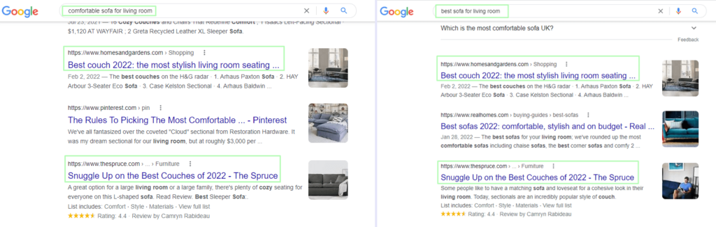 Google search results for a furniture store.