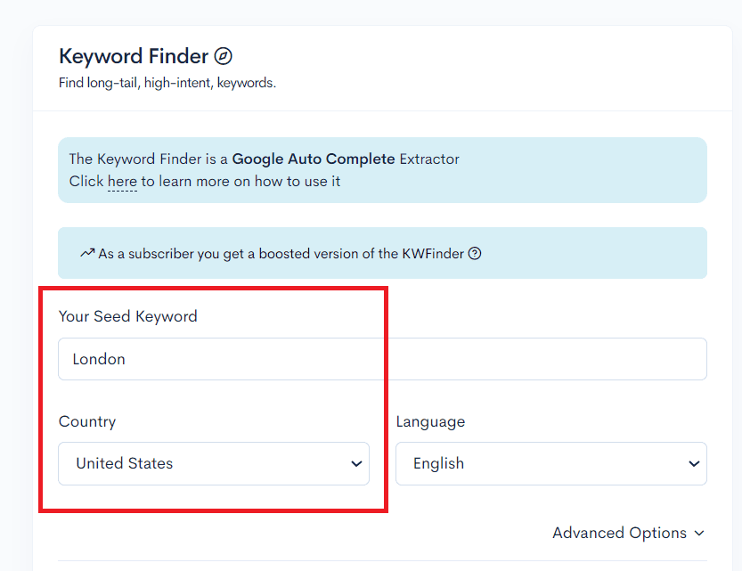 A screenshot of the keyword finder page for finding easy keywords in different niches.