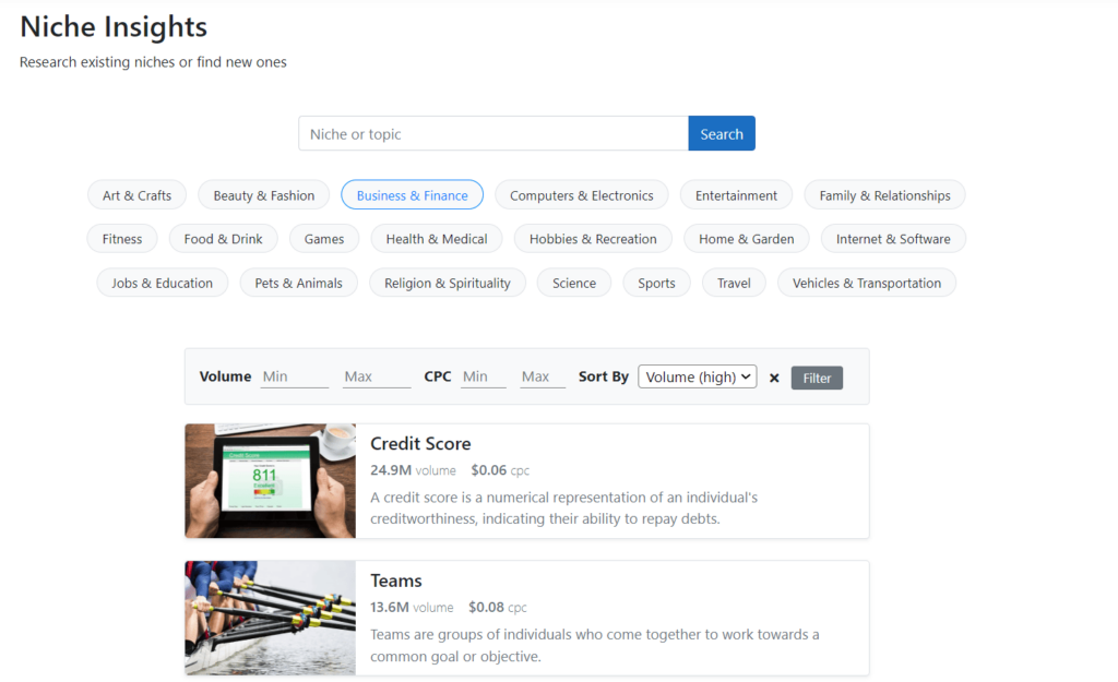 A screen shot of the niche insights website.