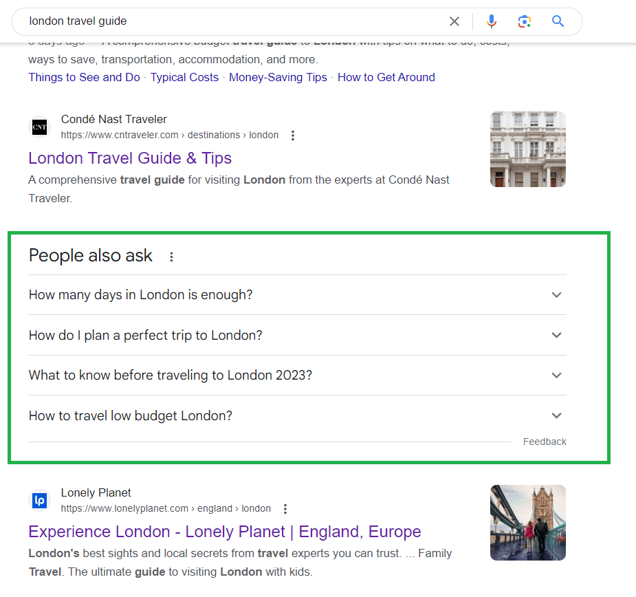 Google search results for people who travel to london.