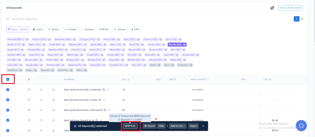 A screenshot of a screen showing a list of items in a spreadsheet used for Keyword Research using Mangools.