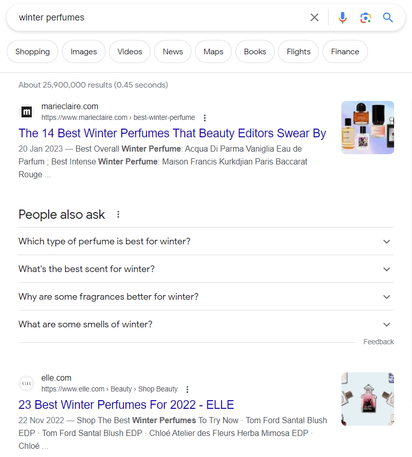 A google search for the best water based beauty products, avoiding common keyword research mistakes.