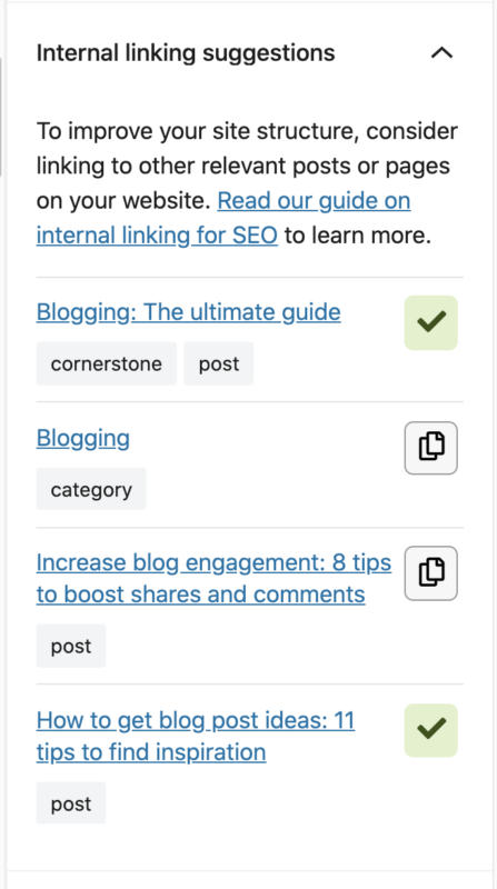 A screenshot of the internal linking suggestions screen.